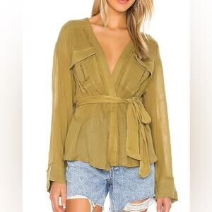 Free People Safari Sheer Green Lightweight Button Top Size Large